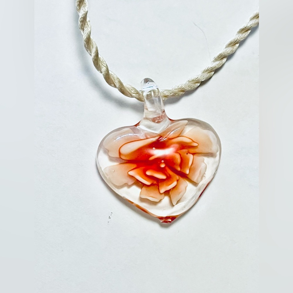 Vintage Blown Glass Heart & Orange Flower Necklace